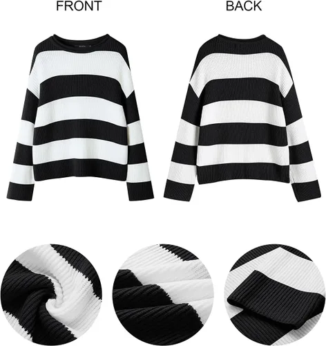 Vista 38 de ZESICA Suéter tejido sin botones de manga larga y cuello redondo, a rayas, bloques de color, cómodo, holgado, talla extragrande para mujer de 2024