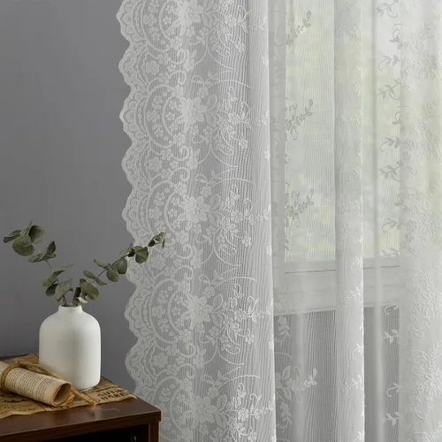 Vista 16 de Kotile - Cortinas de encaje beige de 45 pulgadas de largo para ventanas de cocina, 2 paneles, cortinas de encaje floral de vid traslúcidas