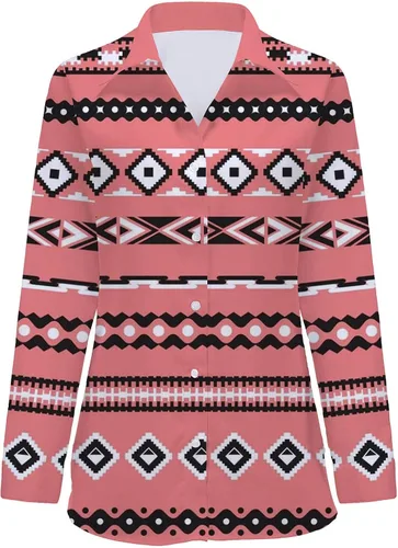 Vista 5 de Blusas elegantes para mujer, estilo casual, manga larga, con estampado geométrico, con solapa, botones, ajuste holgado para otoño