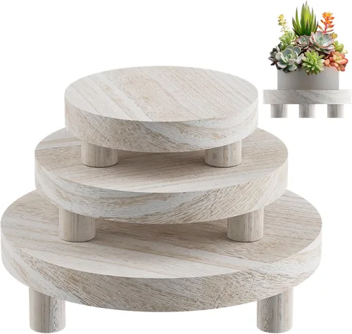 Vista 11 de 3 Piezas Soporte de Madera para Plantas Interior Exterior, Elevador Redondo de Madera para Decoración 6/8/10" Taburete de Madera Soporte