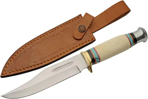 Vista 5 de SZCO - Cuchillo de caza de espiga completa de 11.5 pulgadas, cuchillo de bolsillo con hoja de acero inoxidable, mango de hueso y funda de cuero