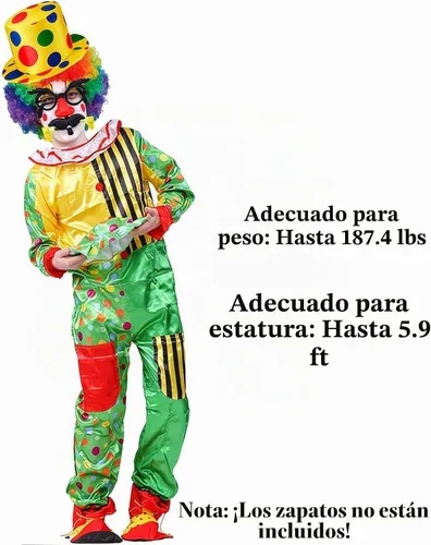 Vista 6 de Divertido disfraz de payaso, peluca, gafas, bolsa, sombrero, traje novedoso Verde