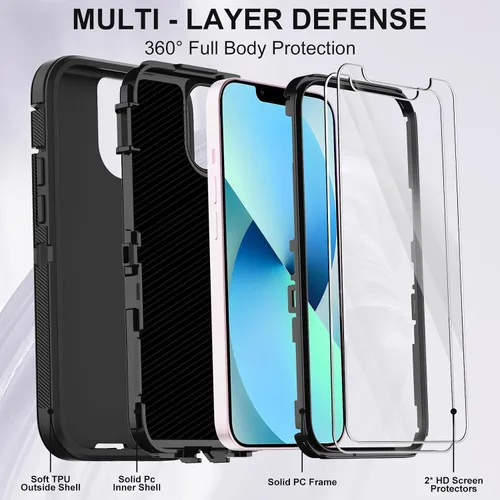 Vista 2 de Funda para iPhone 13 Mini con 2 protectores de pantalla, protección contra caídas a prueba de golpes, cuerpo completo, resistente, 3 capas, militar
