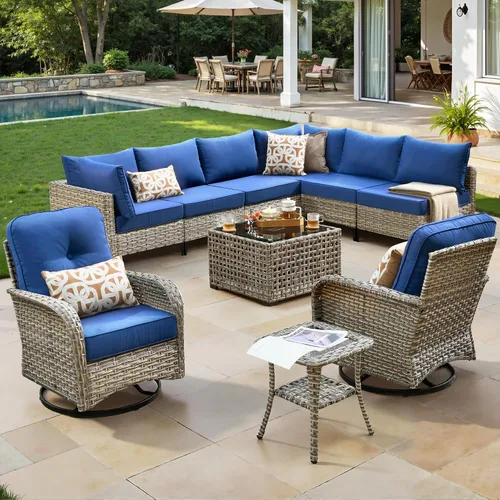 Vista 20 de ovios Muebles de patio de 8 piezas con hoguera, juego de conversación de mimbre de ratán para exteriores con mesa de centro brillante, cómodo sofá