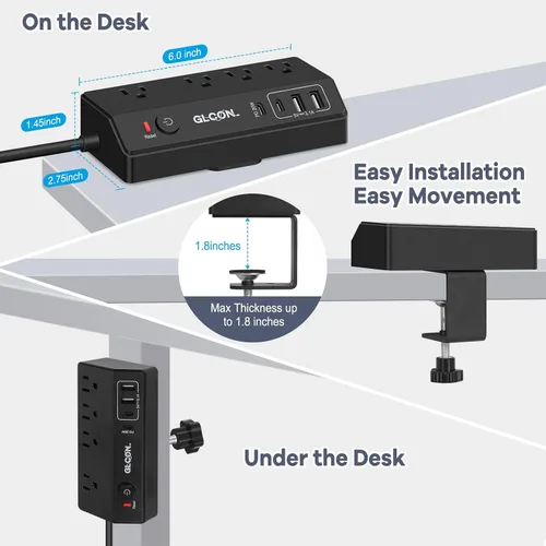 Vista 6 de Regleta de Energía con Abrazadera para Escritorio - Estación de Carga Rápida USB C de 20W - Regleta de Energía para Escritorio con Enchufe Plano