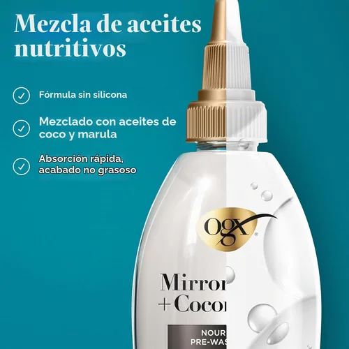 Vista 2 de OGX Mirror Shine + Aceite de Coco Nutritivo Prelavado Gloss, 4 onzas líquidas