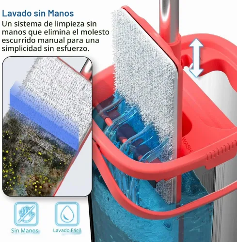 Vista 3 de TETHYS Juego de trapeador y cubo de piso plano para sistema profesional de limpieza de suelos del hogar con mango de aluminio/2 almohadillas