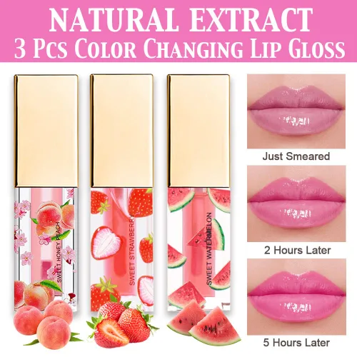 Vista 2 de evpct 3 Piezas Melocotón Fresa Sandía Mini Brillo Labial Tintado Transparente que Cambia de Color según el PH Conjunto para Mujeres Niñas Aceite