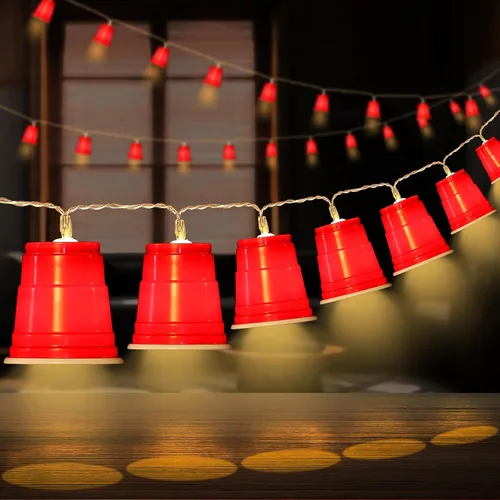 Vista 10 de Hiboom Cadena de luces LED rojas de 13 pies con 20 tazas rojas, mini luces de taza de chupito