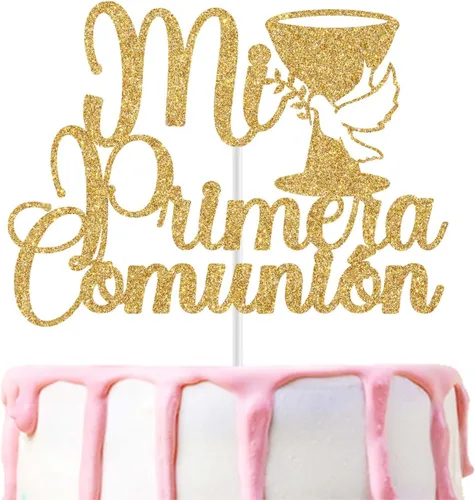 Vista 7 de Mi Primera - Decoración para tartas de comunión, decoración de pastel de la primera comunión española, suministros de decoración de fiesta de Dorado