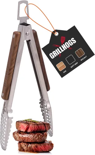Vista 9 de Pinzas para barbacoa de acero inoxidable 18/0 de 9 pulgadas con mango ergonómico de madera de roble real para cocinar, accesorio duradero