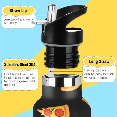 Vista 3 de Kids Water Bottle with Straw 20 Oz Water Bottle Insulated for Boys Girls, BPA-Free, Cartoon Slices Pizza Black