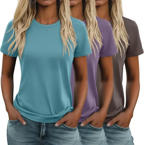 Vista 21 de Huukeay Paquete de 3 camisetas de algodón para mujer, estilo casual, de manga corta, cuello redondo, ajuste holgado, básica, lisa