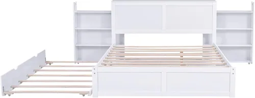 Vista 6 de Cama multifuncional de almacenamiento de tamaño Queen con cama nido de tamaño individual, marco de cama de plataforma de madera con estantes