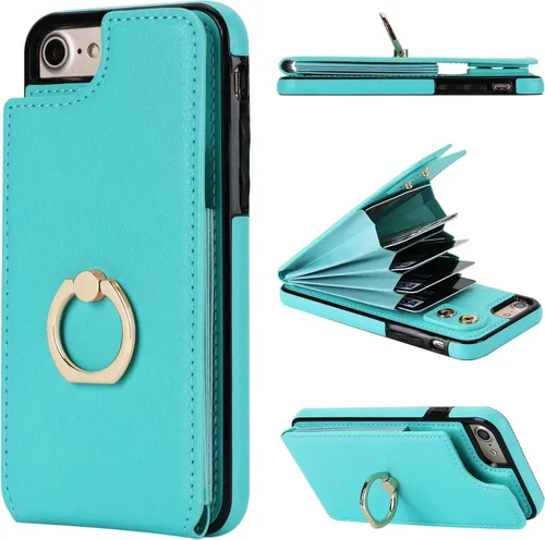 Vista 13 de Folosu Funda tipo cartera para iPhone SE con soporte para tarjetas, soporte de anillo de rotación de 360 grados, función de protección RFID, de piel