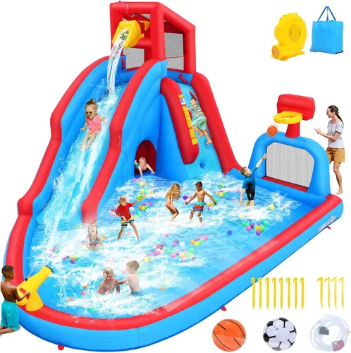 Vista 9 de AKEYDIY Tobogán acuático inflable de doble carril, tobogán acuático de rebote para niños de 3 a 12 años, parque acuático con tobogán de carreras