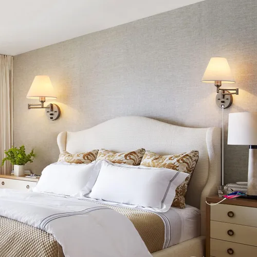 Vista 6 de Apliques de pared con brazo oscilante, lámpara de pared enchufable, lámpara de pared para dormitorio, pantalla de tela blanca, con interruptor Níquel