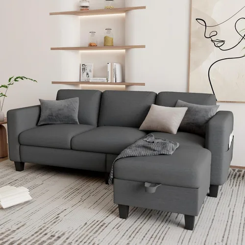 Vista 3 de Grzyhem Camillas seccionales para sala de estar, sofá convertible en forma de L, sofá moderno de lino gris de 3 plazas, sofás de 78 pulgadas