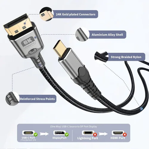 Vista 6 de Cable USB C a DisplayPort de 3.3 pies, 8K a 60 Hz 4K a 240 Hz unidireccional Thunderbolt 3/4/5 a DisplayPort cable USB C a DP compatible con MacBook