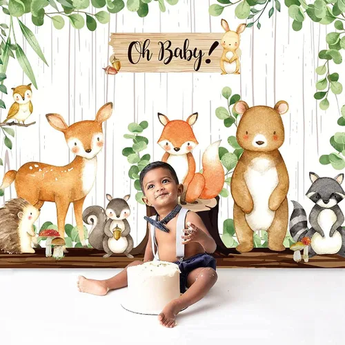 Vista 4 de Pancarta de fondo de baby shower de bosque, decoraciones de baby shower para niños y niñas, tela grande, temática de animales de selva, suministros