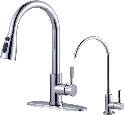 Vista 17 de WOWOW Grifo de cocina con rociador, grifo de fregadero de cocina, acero inoxidable SUS 304, grifo de cocina de níquel cepillado de arco alto