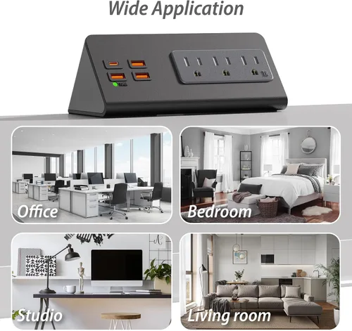 Vista 2 de Regletas de alimentación mejoradas para montaje con abrazadera de borde de escritorio con puertos USB, puerto USB-C de carga rápida PD20 W y 3