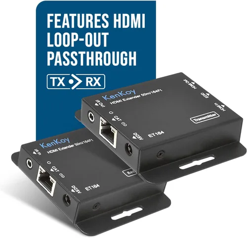 Vista 3 de Extensor HDMI Balun sobre Cat6/Cat5e hasta 165 pies de KenKoy - hasta 1080p con bucle HDMI en transmisor y extensión IR (ET164)