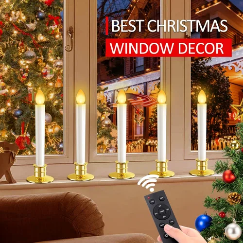 Vista 3 de Paquete de 10 Velas LED para Ventana de Navidad, Velas Sin Llama Operadas con Batería con Control Remoto y Temporizador, Portavelas Dorados, Velas