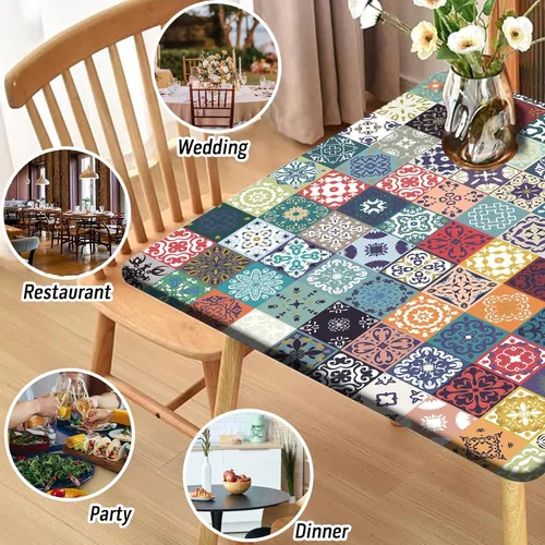 Vista 85 de Mantel redondo ajustable con mantel elástico para exteriores, manteles elásticos redondos para mesas, manteles impermeables y lavables
