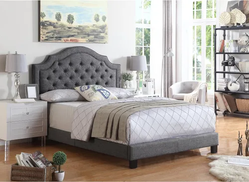 Vista 4 de Rosevera Jardin - Marco de cama con plataforma capitoné con botones, tapizado de tela con cabecera ajustable y soporte de listones de madera