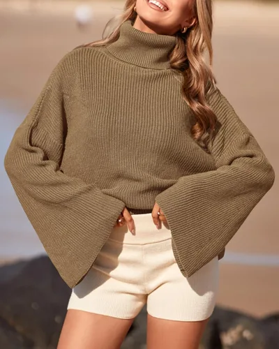 Vista 2 de BTFBM Suéteres de cuello alto para mujer, 2023, otoño, invierno, acampanados, de manga larga, holgados, de punto acanalado, de gran