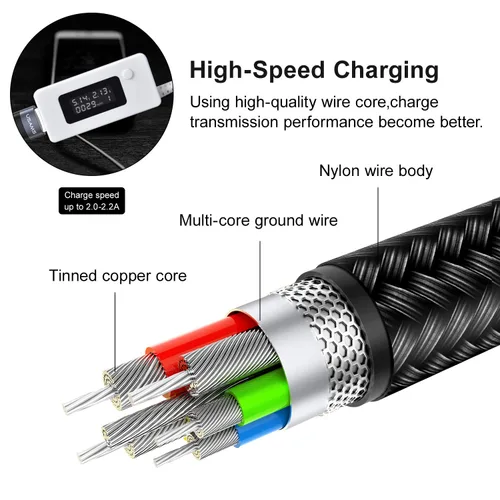Vista 5 de USAMS - Paquete de 2 cables de carga múltiple de nailon trenzado, 4 pies, 4 en 1, cable de carga USB con teléfono/tipo C/conector micro USB