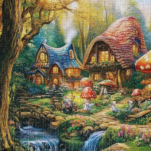 Vista 5 de Rompecabezas de pueblo de hongos para adultos, rompecabezas de fantasía