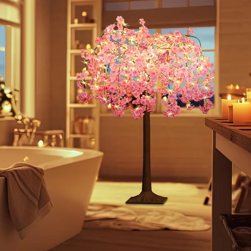 Vista 6 de OUSHENG Árbol de Flor de Cerezo Iluminado con Luces LED Árboles Artificiales para Decoración Interior, Planta Falsa Iluminada con Flor Sintética