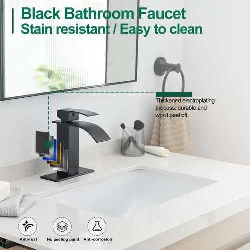 Vista 5 de VOTON Grifos de Baño Negros Modernos de Cascada para Lavabo de Baño Grifo de Baño Negro Mate de Una Sola Manija para 1 o 3 Agujeros con Placa