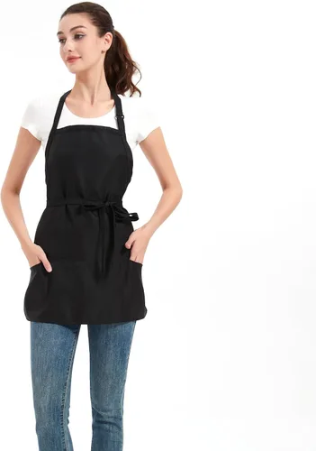 Vista 2 de Delantales para mujer con 3 bolsillos, delantal de cocina con revestimiento impermeable, delantal de chef con correa ajustable para el cuello Negro