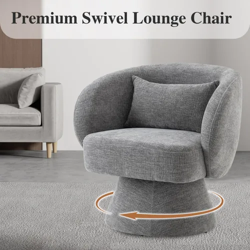 Vista 3 de Silla giratoria de 360°, moderna silla de barril de terciopelo con almohada, sofá individual tapizado para sala de estar, dormitorio, oficina. Gris