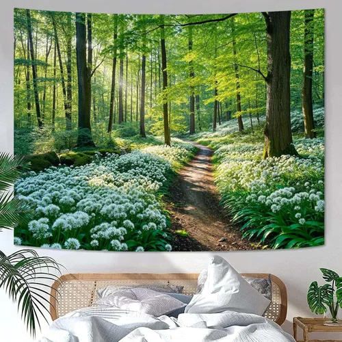 Vista 8 de Zussun Tapiz de Bosque Natural de Montaña Tapiz Verde de Pino Luz Solar Selva para Dormitorio Estético Planta Paisaje de Montaña Tapices Pequeños