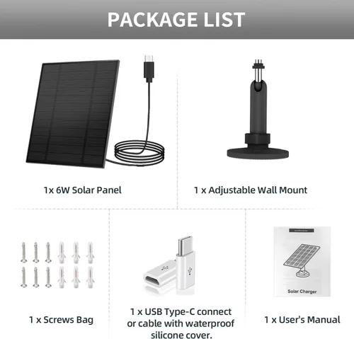 Vista 9 de Panel solar de 5 W para cámara de seguridad, panel solar con puerto micro USB y USB-C para cámara de batería recargable de 5 V CC al aire libre