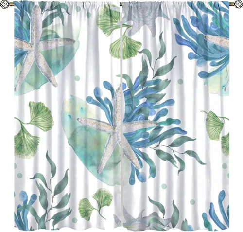 Vista 10 de Cortinas de decoración de playa con océano azul, peces náuticos costeros playeros de verano, conchas marinas, temática infantil, dormitorio, sala