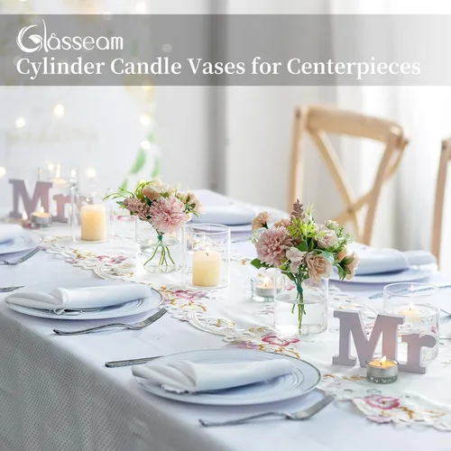 Vista 3 de Glasseam Jarrones Cilíndricos para Centros de Mesa, Juego de 6 Jarrones de Vidrio Transparente para Flores, Jarrón Moderno Pequeño para Velas