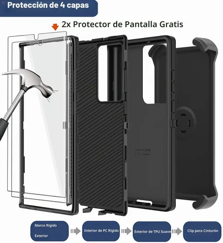 Vista 3 de Funda para Samsung Galaxy S23 Ultra con funda de clip para cinturón, 2 protectores de pantalla, [grado militar] resistente a prueba de golpes