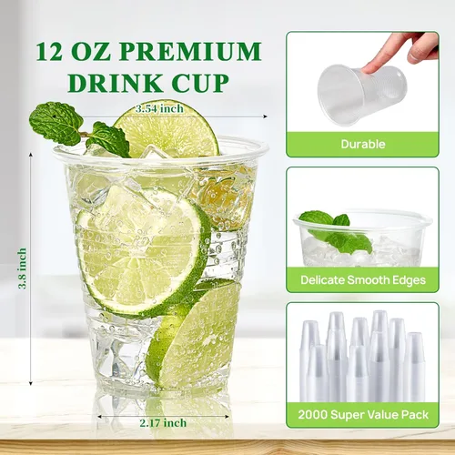 Vista 2 de Vplus 2000 Pack Vasos de Plástico Transparente de 12 onzas, Vasos Desechables de 12 onzas para Agua Fría, Vasos de Fiesta, Vasos de Plástico