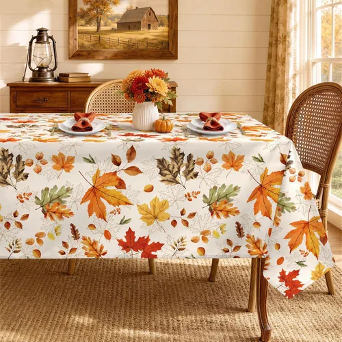 Vista 6 de Mantel rectangular de ramas de pájaros de otoño impermeable, mantel de hojas de arce resistente a las manchas, mantel lavable para decoración