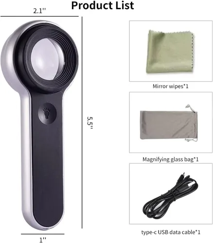 Vista 3 de Lupa recargable iluminada de 60 veces con lentes de doble revestimiento, iluminación LED/UV, diseñada para la identificación de joyas