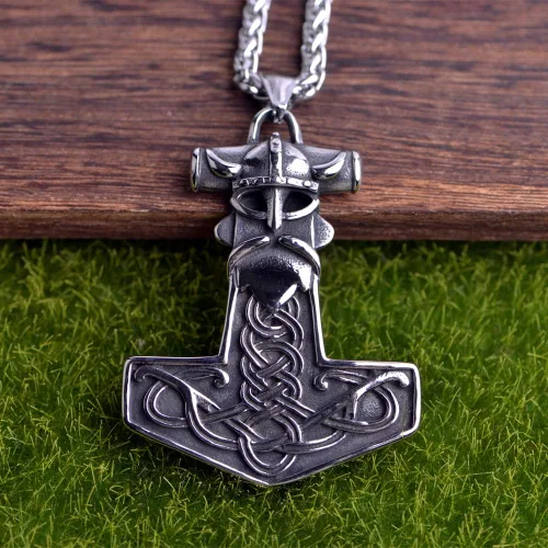 Vista 4 de LANGHONG Collar de martillo de Thor vikingo nórdico Mjolnir para hombre, joyería de talismán