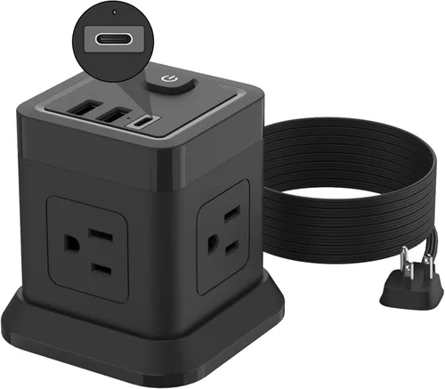 Vista 8 de FDTEK - Tira de alimentación USB C de 2 clavijas, 4 tomas de corriente, 3 USB, cable de extensión de 5 pies, color blanco 2 Prong Desktop Charging