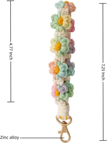 Vista 5 de Llavero de macramé hecho a mano, llavero de muñeca para llaves, lindo llavero de flores para mujer