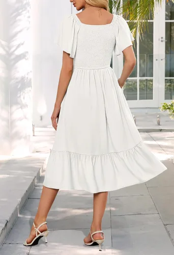 Vista 4 de MEROKEETY Vestido midi casual de verano con cuello en V y mangas fruncidas con volantes y cintura alta con bolsillos