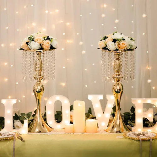 Vista 2 de Centros de mesa de boda para mesas, 21.3 pulgadas, 2 jarrones de metal dorado con cristal Soporte de flores para centros de mesa de boda